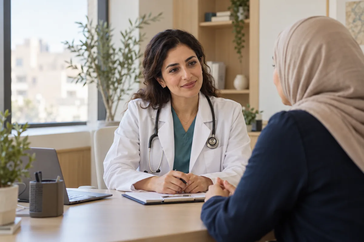 مشهد توضيحي لطبيبة تستمع إلى مريضة في عيادة